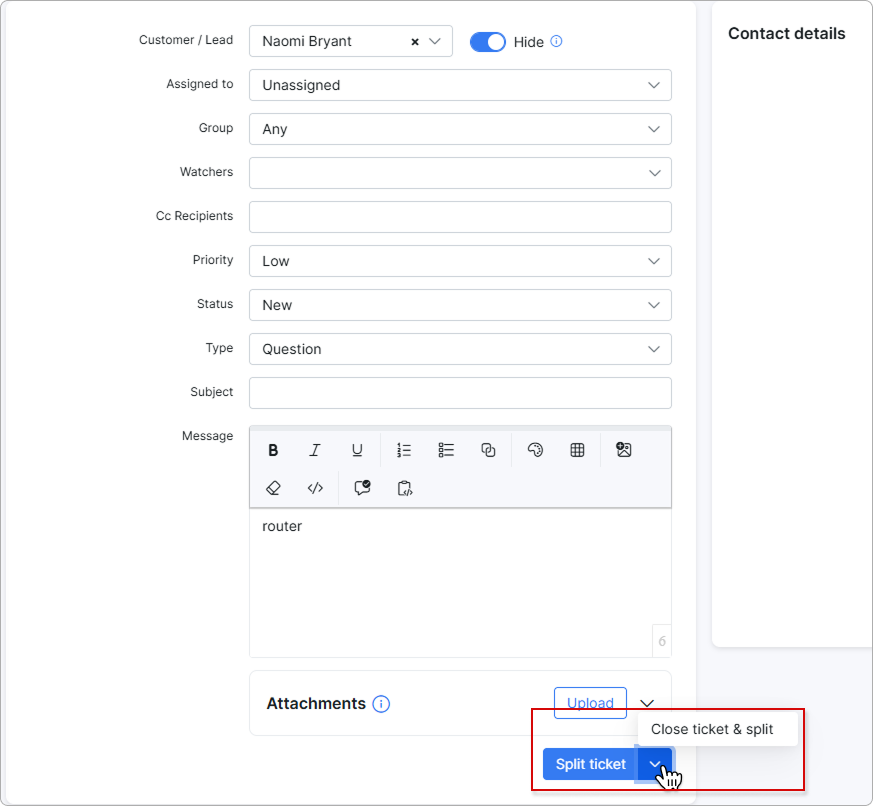 Segmented Split ticket button with Close ticket & split option