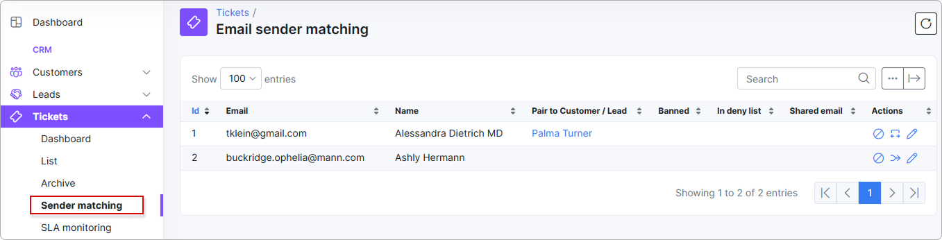 List of unknown senders on the Sender matching page