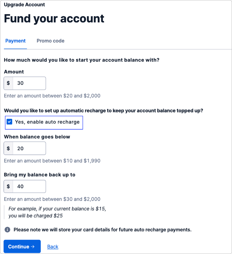 Form for funding your account