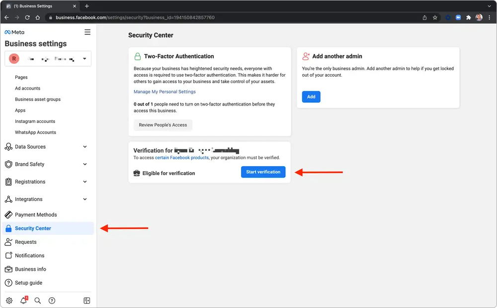 Meta business manager account verification in the Twilio Console