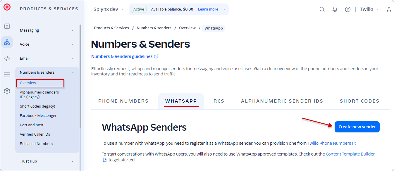 WhatsApp tab of the Numbers and Senders page with the Create new sender button